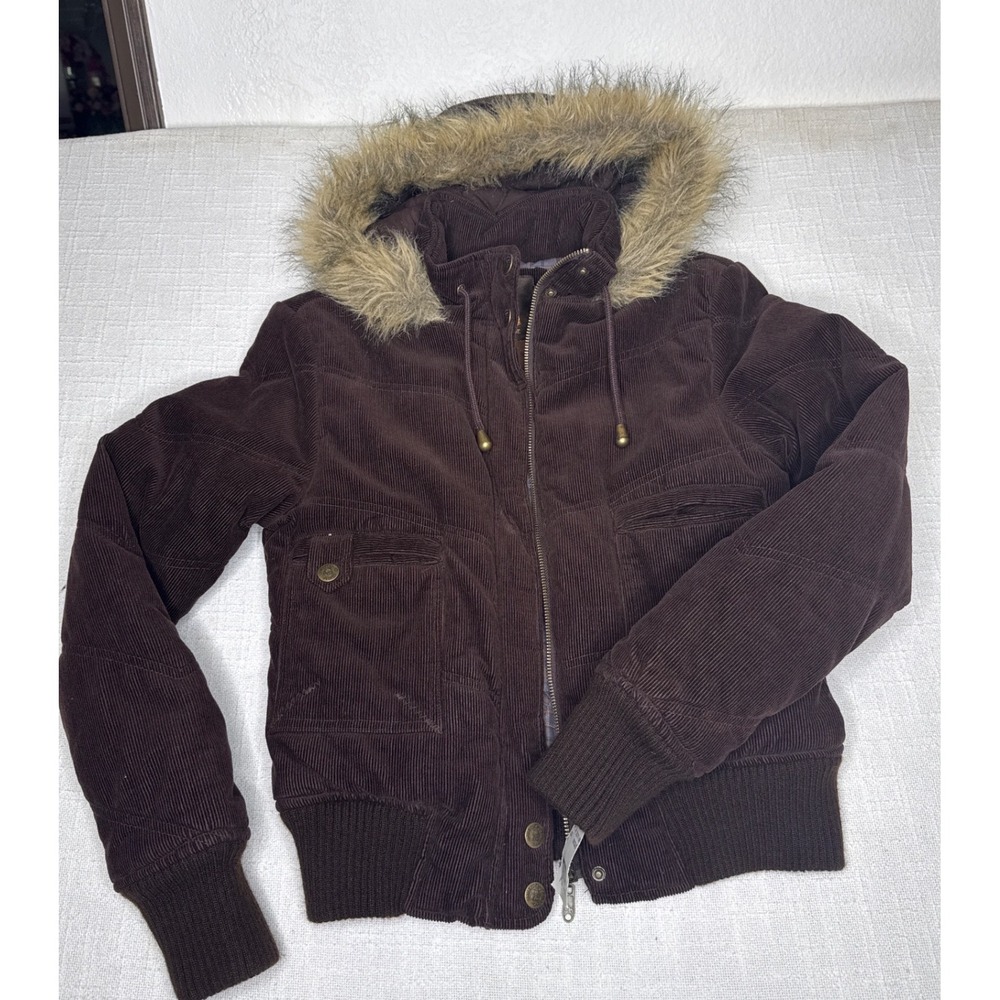 Dollhouse Corduroy Bomber Jacket Womens M Brown Cotton Faux Fur Hood Plaid Quilt